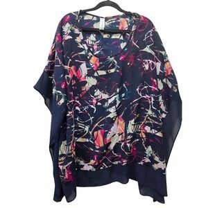 Pure Energy Womens Plus Sz 2X 3X Abstract Print Poncho Blouse Navy Blue Chiffon